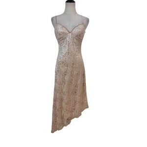 White House Black Market Gold Ivory Lace Asymmetrical Hem Dress Size 4 Coquette